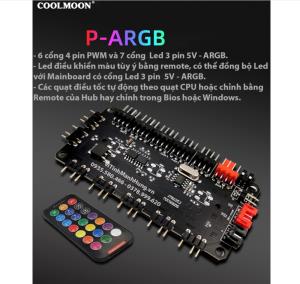 Hub CoolMoon P-ARGB, 6 cổng 4 pin PWM +  7 cổng Led 3 pin 5V-ARGB, đồng bộ Led Mainboard.