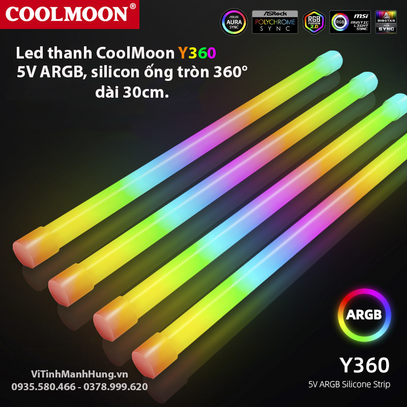 Led thanh CoolMoon Y360, 5V ARGB, silicon ống tròn 360°, dài 30cm, đồng bộ Mainboard hoặc Hub CoolMoon.