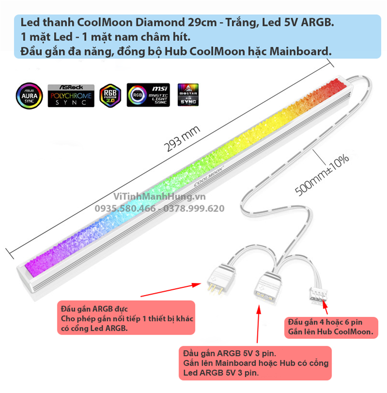 Led thanh CoolMoon RGB 30 – 40cm, đồng bộ Mainboard / Hub CoolMoon.